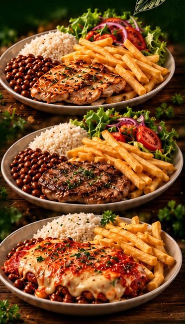 Pratos feitos com arroz, feijão, bife e batata frita